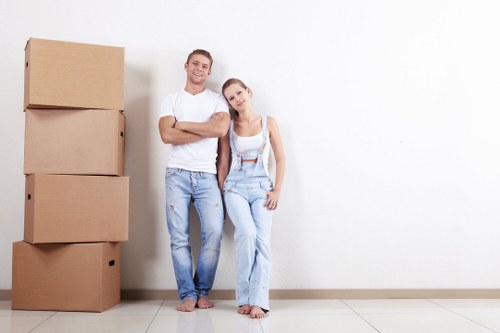 Packing materials and labelled moving boxes in a Kentishtown home