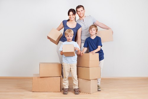 Organized storage space with boxes and furniture