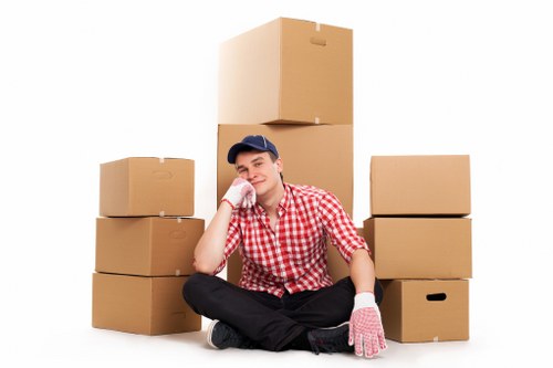 Office desks and storage boxes arranged for a smooth move